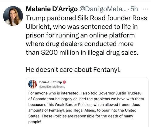 A tweet from Melanie D'Arrigò @DarrigoMela criticizing Trump for pardoning Ross Ulbricht, the Silk Road founder sentenced to life for running an online platform with over $200 million in illegal drug sales, and stating he doesn't care about Fentanyl. The tweet includes a quote from Donald J. Trump where he claims he told Canadian Governor Justin Trudeau that Canada's weak border policies allowed tremendous amounts of Fentanyl and illegal aliens into the United States, contributing to many deaths.