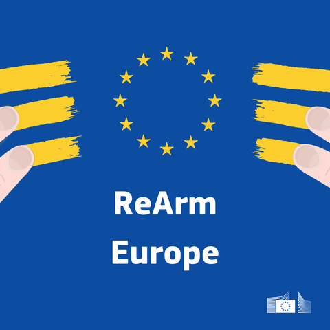 A visual depicting the stars of the EU flag with two sets of yellow paint strokes applied to the sides, as if being painted by hands. The text "ReArm Europe" is centred below on a dark blue background. The European Commission's logo is in the bottom right corner.