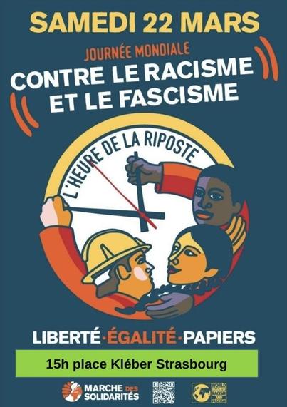 le flyer de la manif, avec les infos, les logod de la marche des solidarités et de World against racism and fascism et une illustration représentant 3 personnes de couleurs et de genres différents tenant les aiguilles d'une horloge sur laquelle est écrit : "l'heure de la riposte"