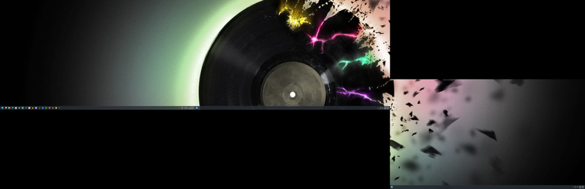 A vinyl record on the left with colorful electric sparks and shattered pieces on the right, set against a gradient background.