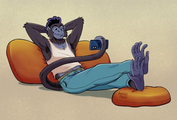 A drawing of (Angelo) an anthro spider monkey wearing a tank top and jeans. Leaning back with his arms behind his head and his legs propped up on a cushion while holding up a smartphone with his tail.