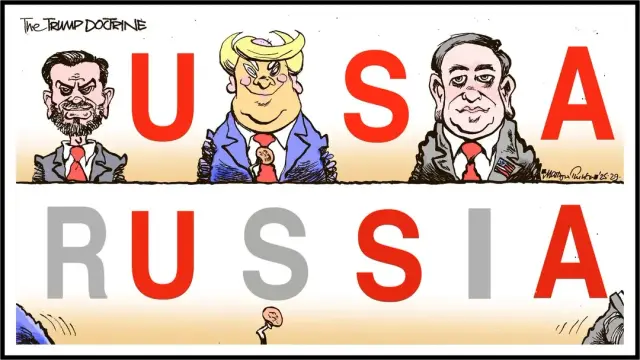 A 2 panel comic strip, with Vance, Trump, and (presumably) Netanyahu with the letters USA in red between them.
The bottom panel has the 3 missing with the full "Russia" text uncovered.