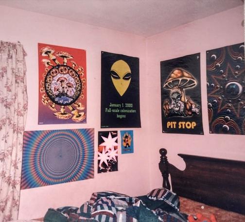 A scanned photograph of a bedroom with pink walls. Posters on the walls include a psychedelic multicolor circular pattern, amanita mushrooms, a green alien with the text "January 1, 2000 Full-scale colonization begins" against a black background, a green alien sitting beneath a mushroom, and rainbow fractal art with eyeballs. There is a green and maroon bedspread and a red stuffed Teletubby on the bed.