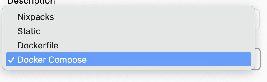 screenshot build pack options: nixpacks, static, dockerfile, docker compose