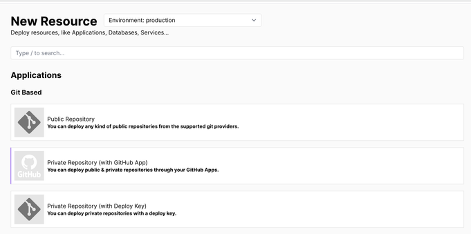 Screenshot project creation from git repositories in coolify