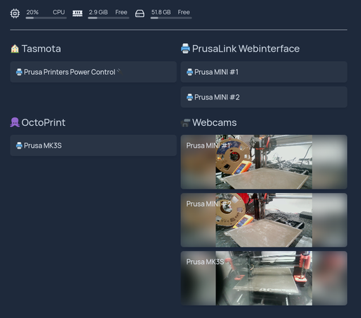 homepage-dashboard (https://gethomepage.dev) showing links to Prusa printer webinterfaces and a Tasmota smart multiplug webinterface and three webcams, showing the idle printers