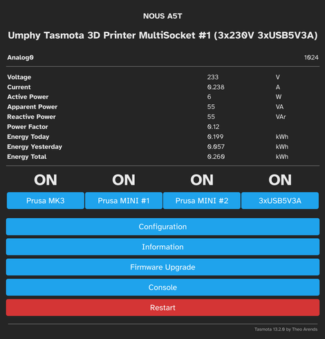 Tasmota webinterface of a NOUS A5T multisocket, showing buttons to switch off the three printers individually