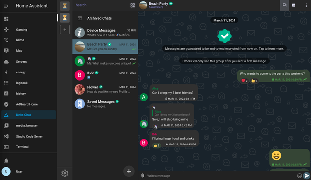 Delta Chat desktop ui running inside of home assistant.