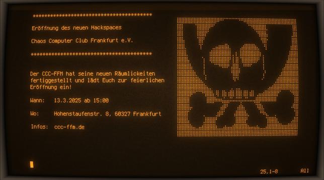 Flyer Chaos Computer Club Frankfurt zur Eröffnung des neuen HQ. Am Donnerstag, den 13.03. ab 15 Uhr in der Hohenstaufenstraße 8, 60327 Frankfurt am Main.