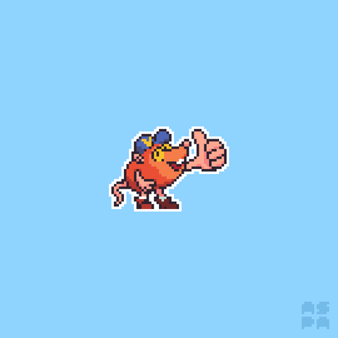 Pixel art of Volvy, with a happy face and doing a thumb up with his big hand