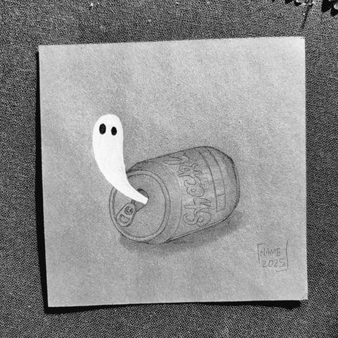 A black and white picture of a post-it with the drawing of a little ghost coming out of a tin can
