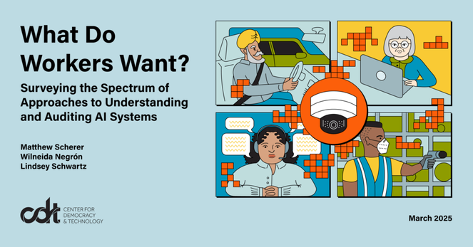 Graphic for a CDT and Coworker.org report, entitled "What Do Workers Want?" Illlustration of 4 panels of a multi-racial working class; the top left shows a bearded Sikh man driving a car; top right shows an older Asian woman on a laptop, bottom right shows a Black man holding a scanner at a packing warehouse; bottom left shows a Latina woman wearing a call center headset; a circular vignette of a security camera is at the center.