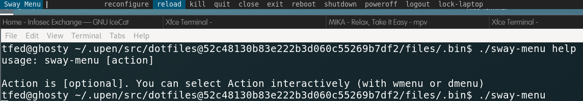 Screen of sway-menu command.

It combines some swaymsg sub commands + logout actions.

Also i will use alias to guix home reconfigure