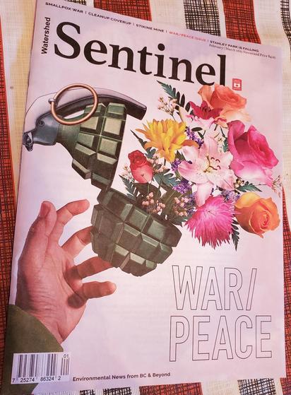 Magazine cover for "Watershed Sentinel" (Feb/March 2025), showcasing a hand offering a grenade overflowing with colorful flowers, set against a light pink background. The cover juxtaposes conflict and beauty, headlining "War/Peace Issue."