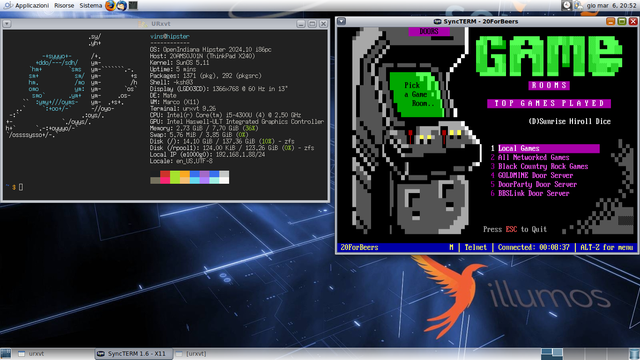 MATE OpenIndiana desktop, featuring a terminal with fastfetch output, and a SyncTerm window connected via telnet to 20ForBeers BBS.