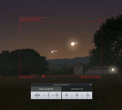 Simulierter Himmelsanblick mit Merkur und Venus am Dämmerungshimmel in einem roten Rahmen.