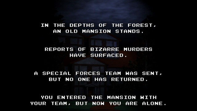 A screenshot of the House of Necrosis demo's opening crawl.

Pictured in the background is the outside of a spooky mansion in the dark of night, with 8-bit font narration scrolling upwards across the screen:

"In the depths of the forest, an old mansion stands.

Reports of bizarre murders have surfaced.

A special forces team was sent, but no one has returned.

You entered the mansion with your team, but now you are alone."