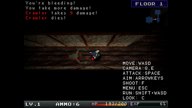 A screenshot of the House of Necrosis demo.

The main character—a woman likely modeled after Resident Evil's Jill Valentine—is seen from above in a dark corridor, confronting a legless zombie in front of her (to the left from the player's view).

Seen from above, not much of the woman can be seen, except that she's mostly a mix of de-saturated shades of blue.

On the top-left is a text log of in-game events with the following lines:
"You're bleeding!"
"You take more damage!"
"Crawler takes 9 damage!"
"Crawler dies!"

On the top-right is a simplified map of the layout of the current floor of the mansion: floor 1.

On the bottom is a bar showing the character's level, how much ammo she is carrying, how much HP she has, and how much experience she has gained for the current level (in percent).

Just above the status bar, to the right, is a list of keybindings for the game's controls.