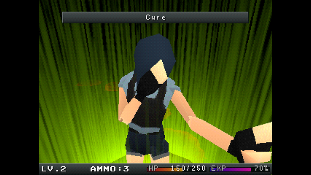 A screenshot of the House of Necrosis demo.

Shown is the main character casting the spell Cure on herself, with the spell's name being spelled out in a bar on the top of the screen, and the character herself being surrounded by a light effect consisting of green spikes, similar to how auras might be portrayed in manga or anime.

The woman has light skin, medium-length, grayish-blue hair; a pale blue, sleeveless shirt; a dark bullet-proof vest, and dark blue daisy dukes or short-shorts. Not practical in a haunted mansion, but very 90s.