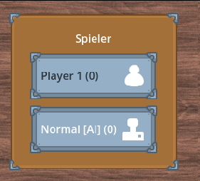 A screenshot of my game Samory showing the player list.

There are two players listed at the moment

Player 1
Normal [AI]

The  player names are written in a dark grayish color on a light gray background. Those player cards are placed on a wood like panel with metal at the edges.