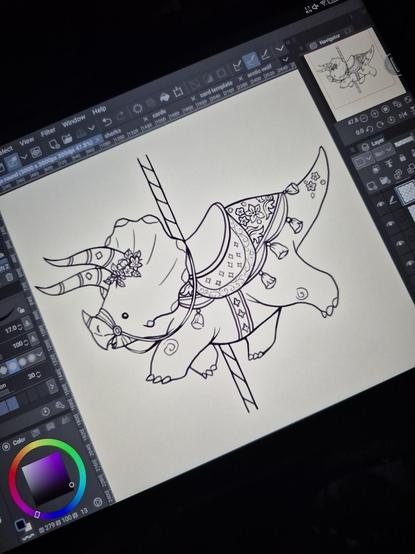 Photo of my drawing tablet, showing a work in progress tattoo design/illustration of a triceratops merry-go-round steed. It looks cute and ornamental in design.