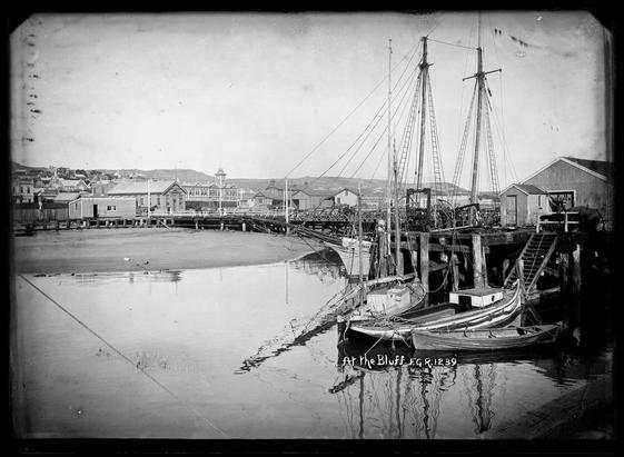 Black-and-white photo: At the Bluff. 1910s–1920s. Photographer, Frederick George Radcliffe. Description: Looking over to Bluff from the old Bluff Wharf showing the circular quay out to the wharf with yachts and dinghies berthed next to it (across centre), the premises of Urwin and Roderique’s Oyster Merchants (right of centre), and storage sheds in the midground and Gore Street, the Post Office on the corner of Lee Street, the railway station (centre left) and the Presbyterian Church in the background, partly obscured. Citation: Auckland Libraries Heritage Collections 35-R0268. https://kura.aucklandlibraries.govt.nz/digital/collection/photos/id/276425