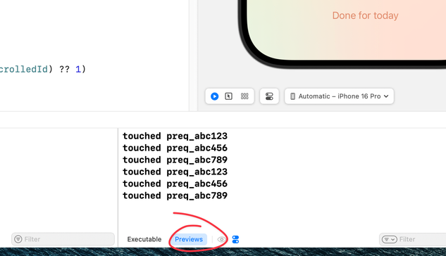 Xcode console view with “Previews” tab activated and circled.