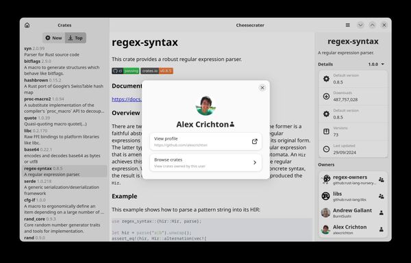the crates browser again, this time with a dialogue window displaying information on a user. there's a profile picture, a name in bold title format, and two actions: view profile, and browse crates. the first action uses the external link icon, and the second the right arrow icon.