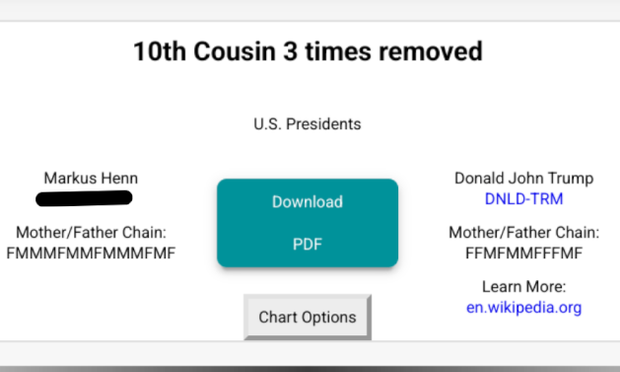 Screenshot of RelativeFinder with Result of relation between the author and US president Donald John Trump: 10th Cousin 3 times removed.