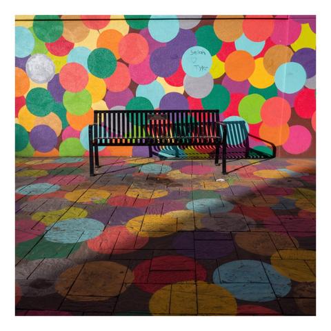 A polka dot background surrounds a public park bench.