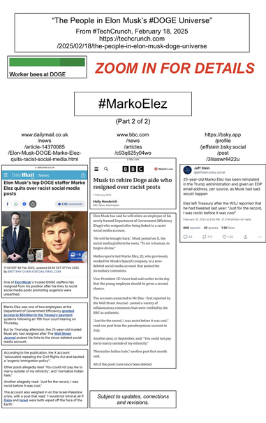 Screenshots of two news articles and one Bluesky post, all pertaining to Marko Elez (a worker bee for Elon Musk and DOGE).
