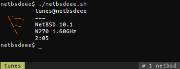 A tmux terminal window showing a custom neofetch-alike script of a Asus EeePC running NetBSD.