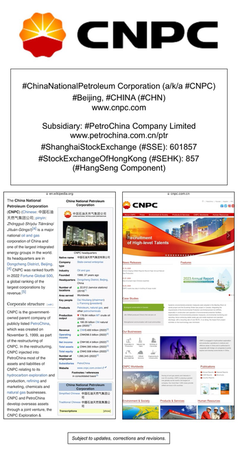 Wikipedia article and company website information for China National Petroleum Corporation (Beijing, China).