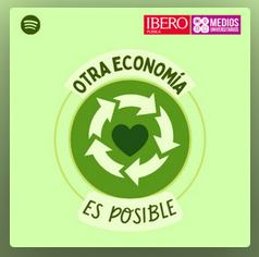 logo de otra economía es posible, podcast de Ibero Puebla. En el centro un corazón de color verde, alrededor flechas formando un ciclo. en el anillo exterior se lee "otra economía es posible"