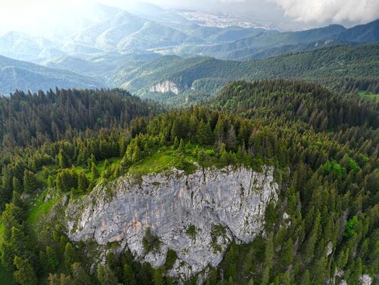 A white cliff stepping out from the green wooded Carpathian mountains