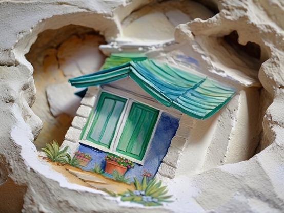 A small sculpture, minimally carved from an eroded piece of whitewashed cement-like material, then painted with green and blue windows, roof, and wall, and a few plants and flowers in pots.