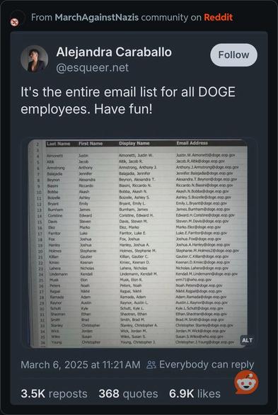 A post from Alejandra Caraballo @esqueer.net containing the emails and names of ever DOGE employee.