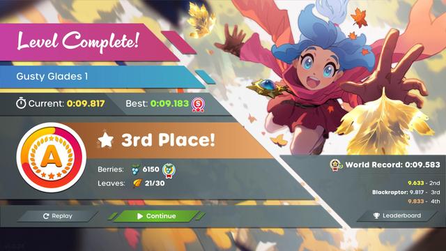 A level complete screen from the video game, Unless.

The level is "Gusty Glades 1".

It shows a time of 9.817 and a big "3rd Place!" message next to a star on a bronze background.