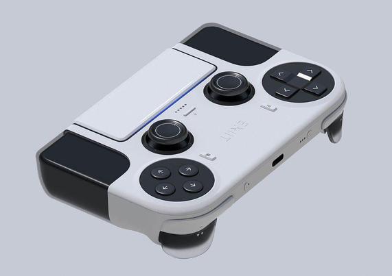 A white and black game controller with two joysticks, directional buttons, and other controls on a gray background.