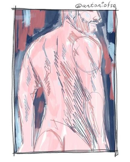lustración digital de un hombre de espaldas, con líneas esbozadas en tonos azul y rosa que resaltan su musculatura y contornos. El fondo presenta pinceladas abstractas en rojo y azul. En la parte superior derecha, se incluye la firma "@antoniofse".
