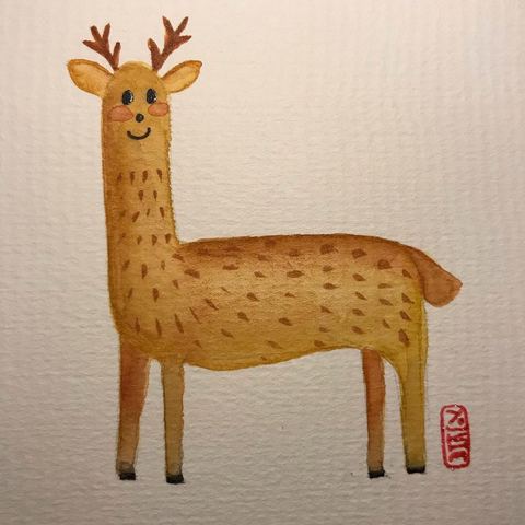 Watercolor illustration of e reindeer in a childish style