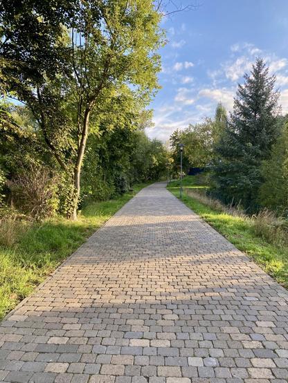 A paved path leads through a green landscape with trees and shrubs on both sides. The sun shines and casts shadows on the path, while the sky is blue with some white clouds.