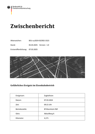 Zwischenbericht
Aktenzeichen:
BEU‐uu2024‐03/002‐3323
Stand:
05.03.2025 Version: 1.0
Erstveröffentlichung:
07.03.2025
Gefährliches Ereignis im Eisenbahnbetrieb
Ereignisart:
Zugkollision
Datum:
07.03.2024
Zeit:
09:21 Uhr
Betriebsstelle:
Bf Mannheim Rbf
Gleis:
Ablau erg A
Kilometer:
4,171