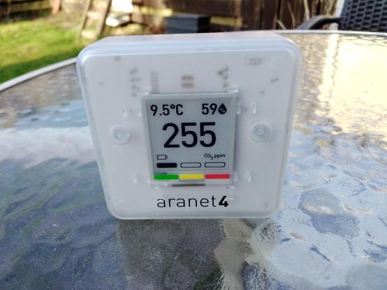 Aranet 4 CO2 sensor displaying 255 ppm CO2 when outdoors.