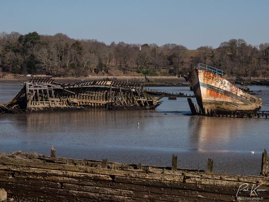 Photo en couleur présentant un cimetière de bateaux avec comme principal sujet 2 carcasses encore reconnaissables, surtout pour l'une d'entre elles, à droite, avec encore pratiquement tout son bordé et même son immatriculation LO 193753. Ces deux épaves sont entourées par de nombreuses parties d'autres carcasses plus décrépies et donc moins apparentes au-dessus de l'eau. La surface de l'eau est relativement calme et permet de percevoir le reflet des deux principales épaves alors que le premier plan est occupé par un morceau de bordé et qu'à l'arrière-plan, on peut voir la rive opposée de l'anse, boisée de grands arbres sous un ciel sans nuages.