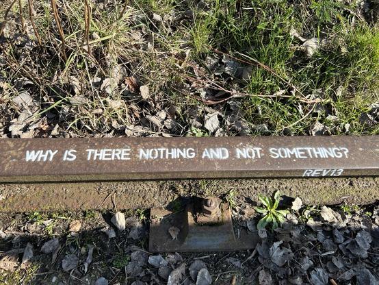 Stencil graffiti on rail with white text ‘Why Is There Nothing And Not Something?’