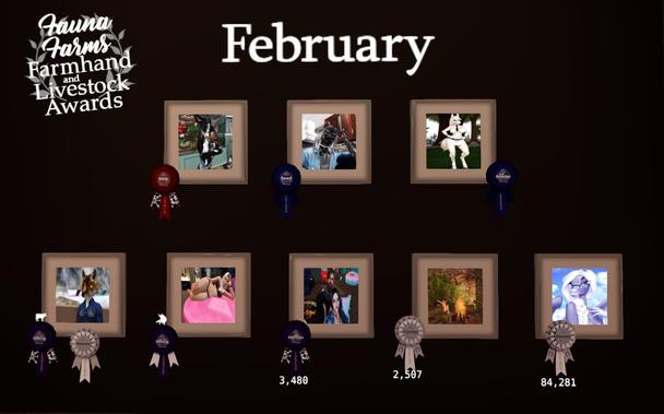 A screenshot of a brown wall with framed portraits hanging on it of the previous month's top performers in the #MuffinsMilker's game at Fauna Farms in #SecondLife.