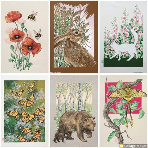 A photo collage of some of my recent nature artworks, animals and insects:
red poppies with bees, a hare portrait, a white cat with hollyhocks, monarch butterflies, a grizzly bear with a cub and a Madagascan Moon Moth.