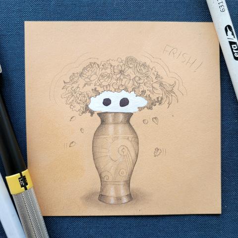 Un petit fantôme caché dans un  vase de fleurs. Il sort du vase avec le bouquet sur la tête, ce qui fait "Frish !"