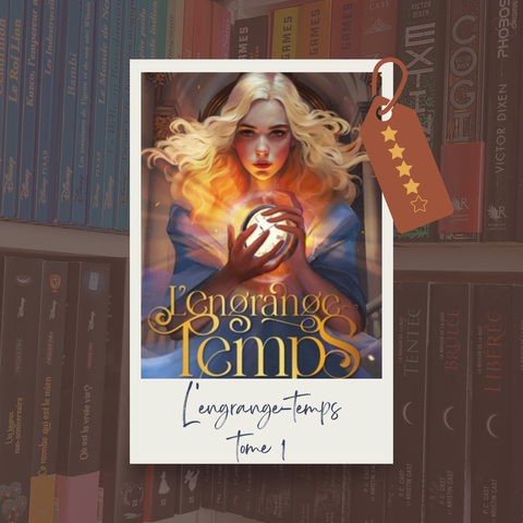 En fond, la photo d'une bibliothèque remplie de livres Disney et de sagas Young Adult, un filtre marron est appliqué dessus pour mettre en avant le cadre d'une photo polaroïd dans lequel se trouve la couverture du livre L'engrange temos tome 1, de Nell Pfeiffer. Le titre est réécrit dans les nuances de la couverture sous la photo et une étiquette 4 étoiles est accrochée dans les mêmes couleurs sur le coin en haut à droite.